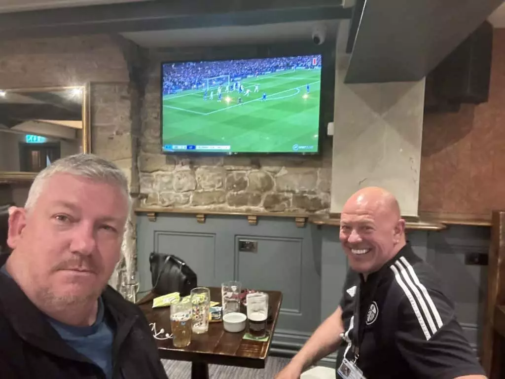 Barrie Jarrett and Mark Stafford watching Leeds United Relegation Battle