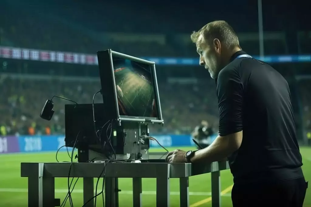 Soccer referee reviewing a play on the screen