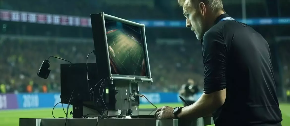 Soccer referee reviewing a play on the screen