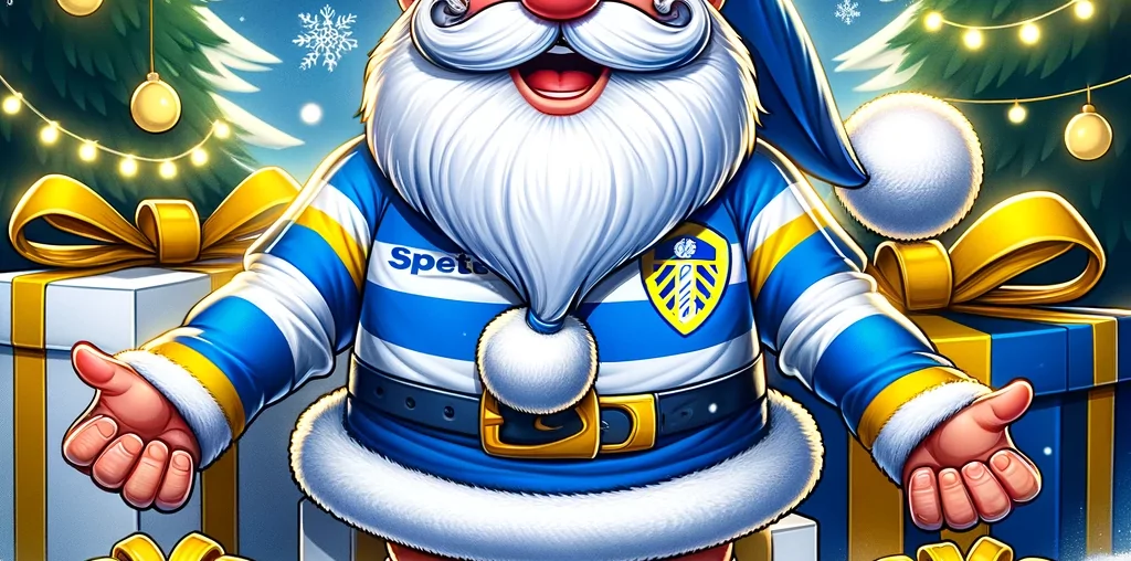 Christmas-themed cartoon illustrations of a character resembling Santa Claus, dressed in Leeds United football team colours, surrounded by gifts styled like footballs.