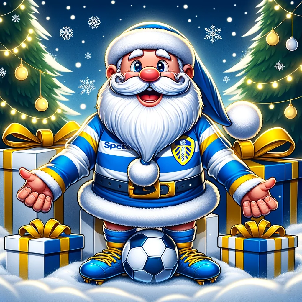 Christmas-themed cartoon illustrations of a character resembling Santa Claus, dressed in Leeds United football team colours, surrounded by gifts styled like footballs.