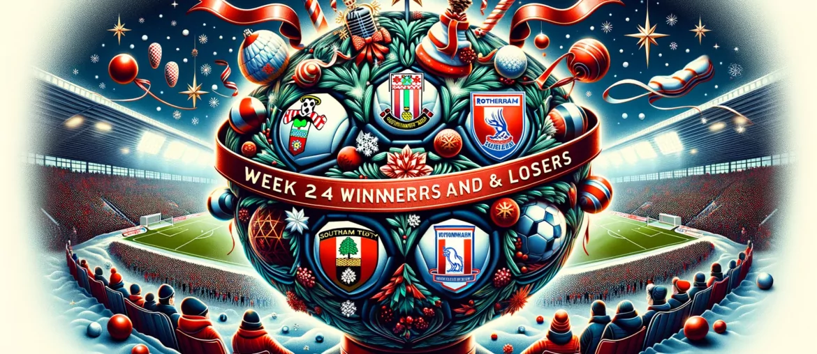 A festive graphic for a football championship article, featuring elements of a festive celebration and football themes. Include a football decorated w