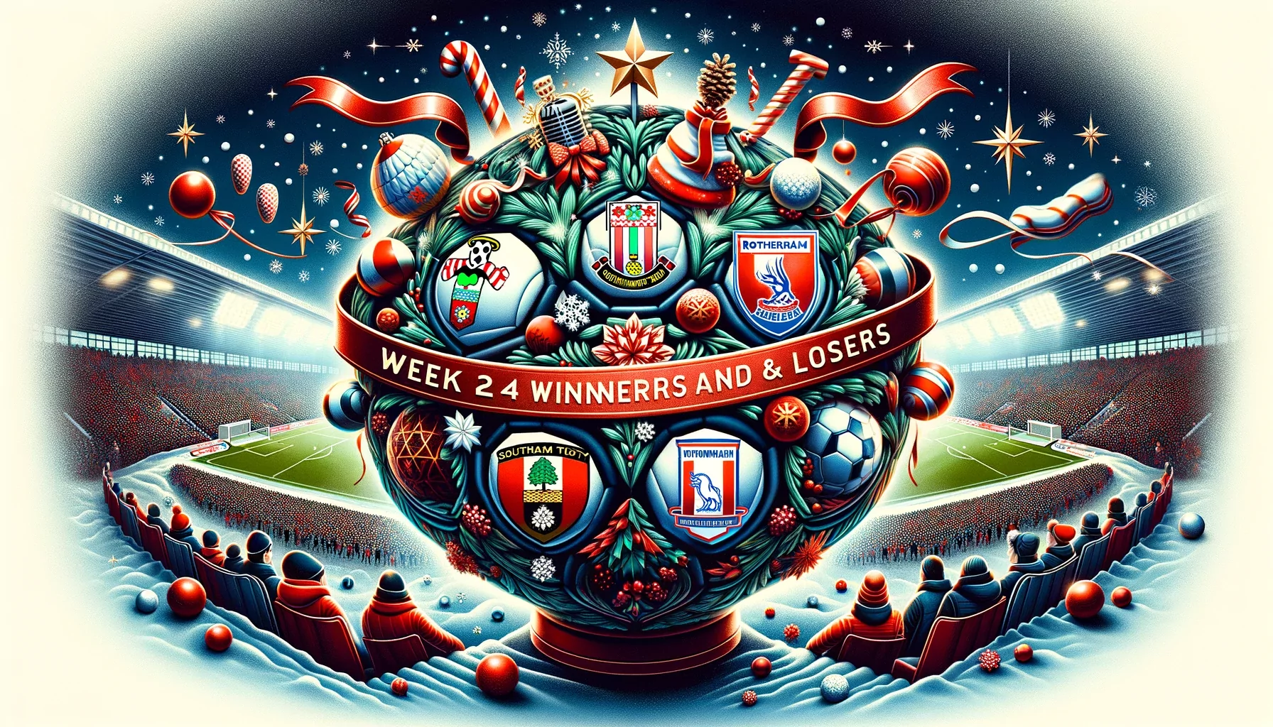 A festive graphic for a football championship article, featuring elements of a festive celebration and football themes. Include a football decorated w