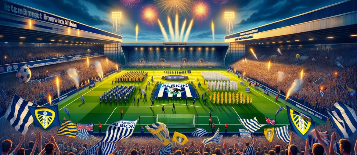 A festive scene celebrating a championship football match between West Bromwich Albion and Leeds United at The Hawthorns stadium. The image includes a