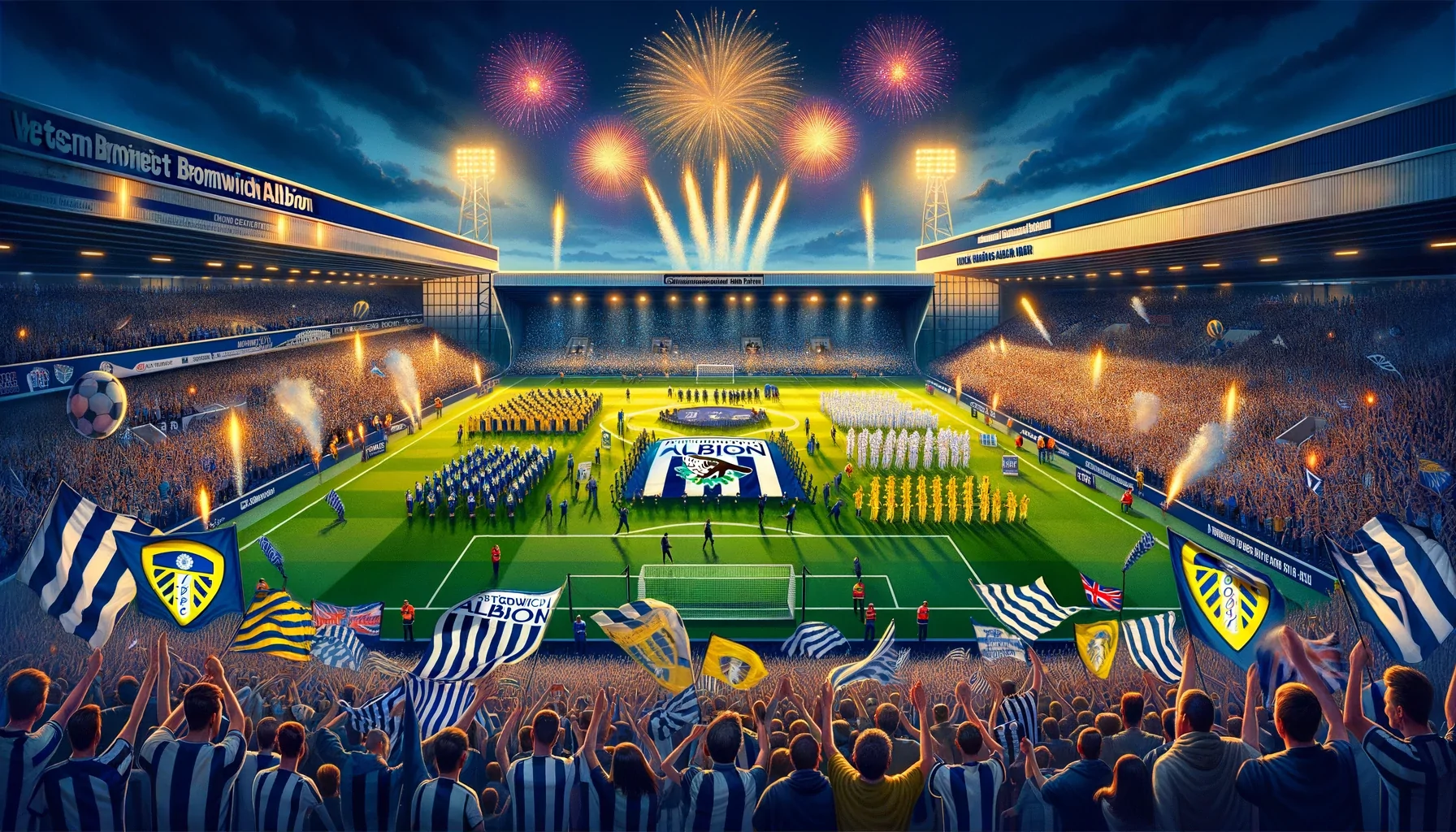 A festive scene celebrating a championship football match between West Bromwich Albion and Leeds United at The Hawthorns stadium. The image includes a