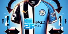 A football transfer graphic with a focus on a shirt. The shirt should be split down the middle, with one half being the Newcastle United kit and the