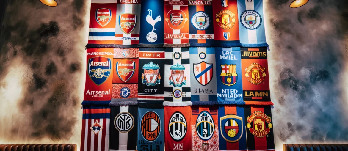 scarves representing football teams, including Arsenal, Chelsea, Liverpool, Manchester City, Manchester United, Tottenham Hotspur