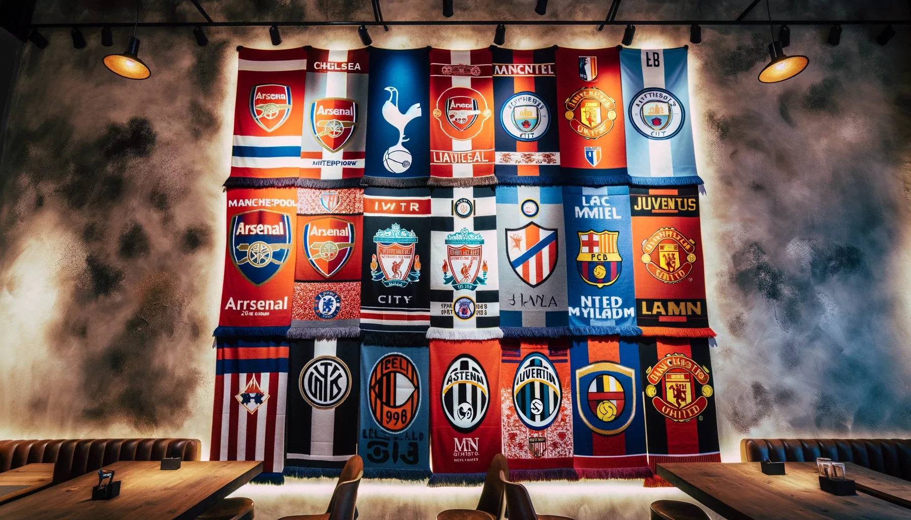 scarves representing football teams, including Arsenal, Chelsea, Liverpool, Manchester City, Manchester United, Tottenham Hotspur
