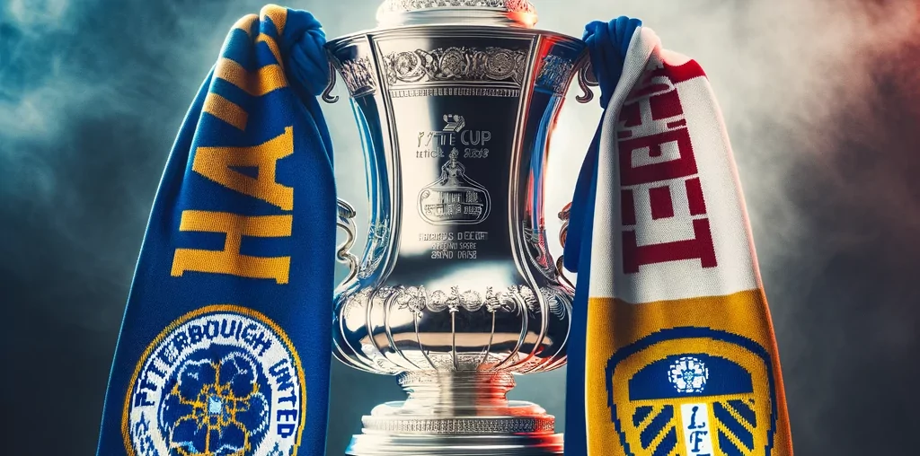 picture of the FA Cup trophy with scarves of Peterborough United and Leeds United draped around it.