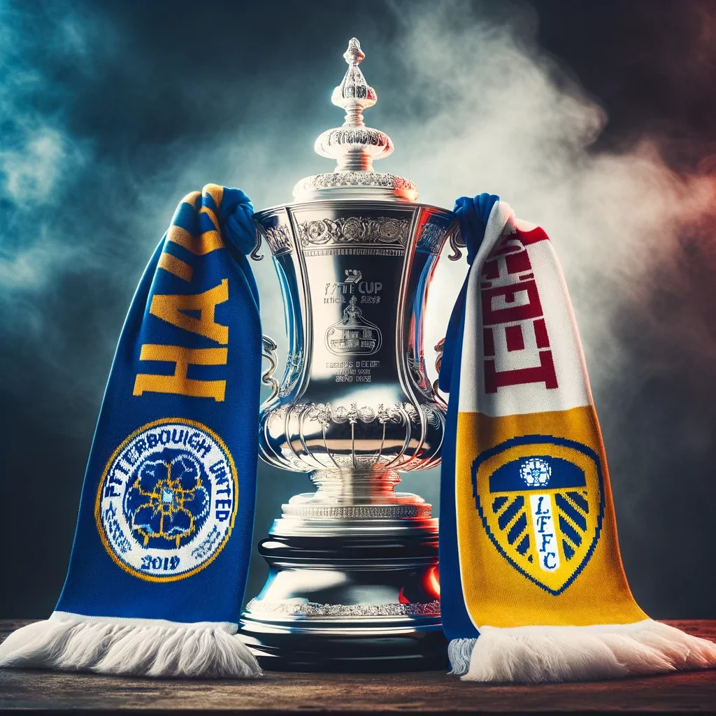 picture of the FA Cup trophy with scarves of Peterborough United and Leeds United draped around it.