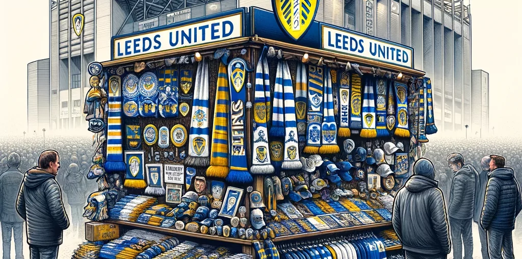 merchandise stand outside Elland Road, the home of Leeds United, surrounded by scarves, badges, hats, and other Leeds United memo