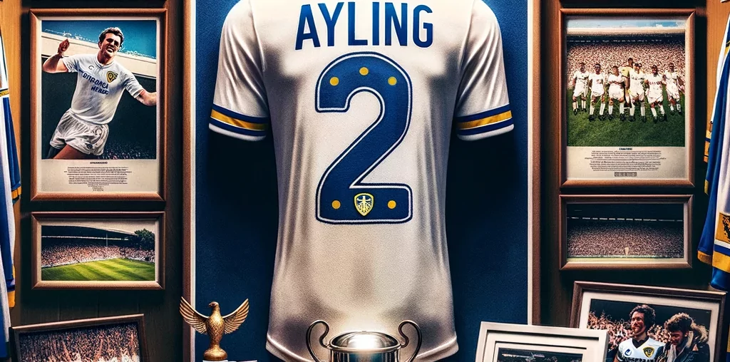 A Leeds United football shirt with the name 'Ayling' and the number '2' prominently displayed on the back. The shirt is depicted in a celebratory sett