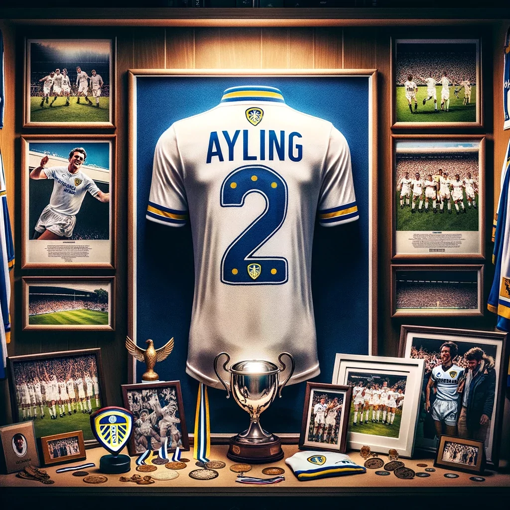 A Leeds United football shirt with the name 'Ayling' and the number '2' prominently displayed on the back. The shirt is depicted in a celebratory sett