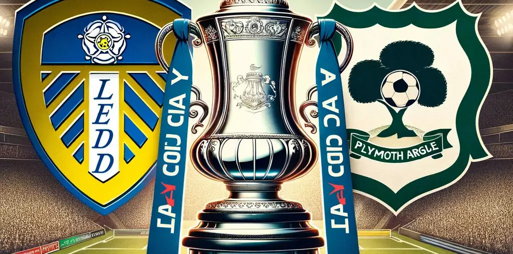 club badges, Leeds United and Plymouth Argyle, positioned on either side of the FA Cup trophy. The Leeds United badge i