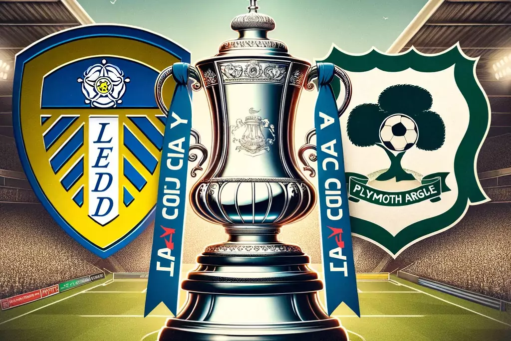 club badges, Leeds United and Plymouth Argyle, positioned on either side of the FA Cup trophy. The Leeds United badge i