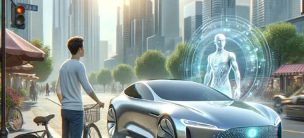 The image has been created to capture the essence of the article, showcasing a man on a bicycle looking in awe at a modern, AI-integrated car passing by.