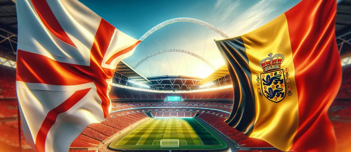 A vibrant scene depicting the flags of England and Belgium prominently displayed in the foreground with the iconic Wembley Stadium serving as the maje