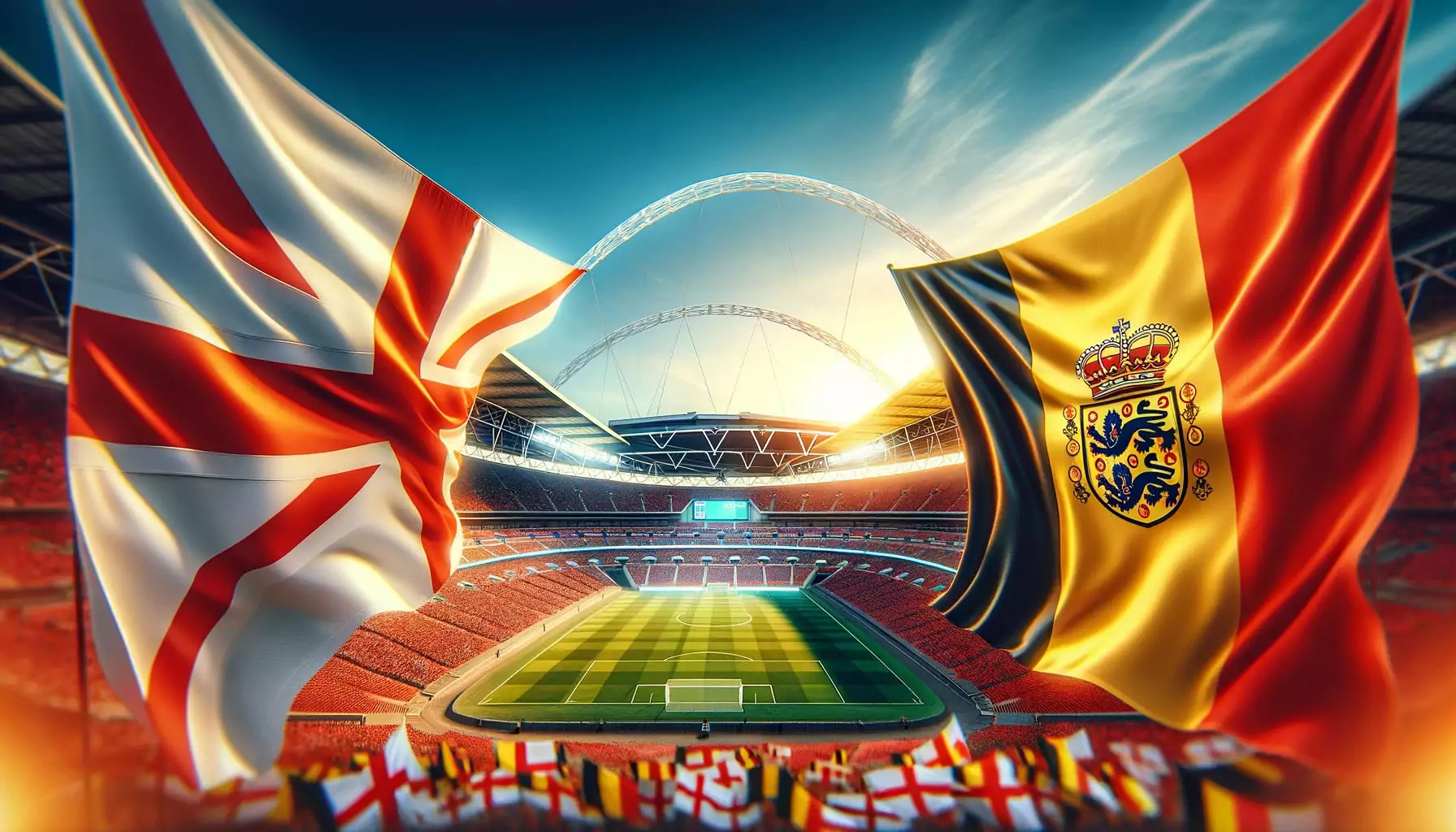 A vibrant scene depicting the flags of England and Belgium prominently displayed in the foreground with the iconic Wembley Stadium serving as the maje