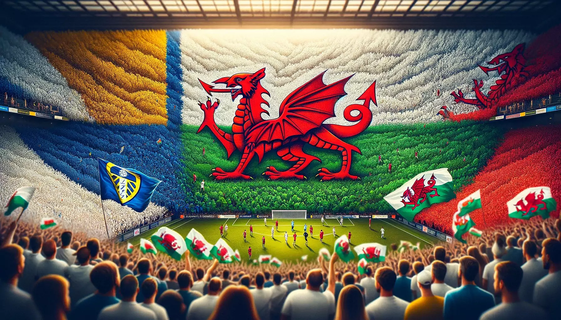 An image that combines the Leeds United and Wales flags, set against a backdrop of subtly blurred football fans