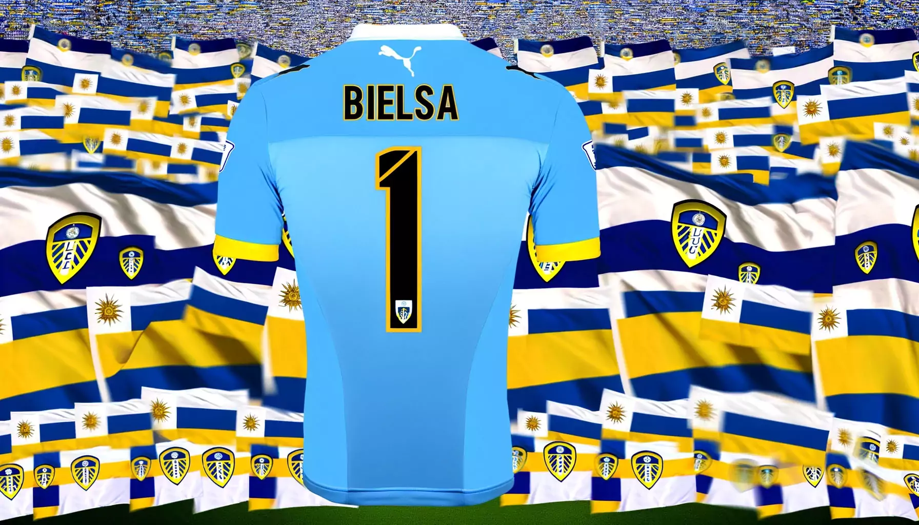Uruguay shirt with 'Bielsa' is set against a wider backdrop of Leeds United flags