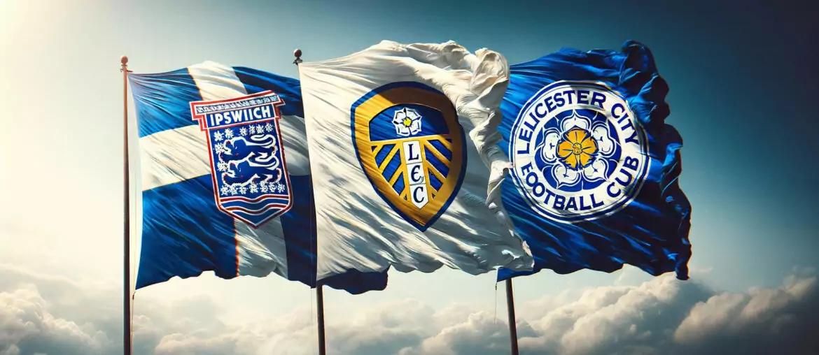 Image showcasing the three distinct football flags for Ipswich, Leeds United, and Leicester City is now ready