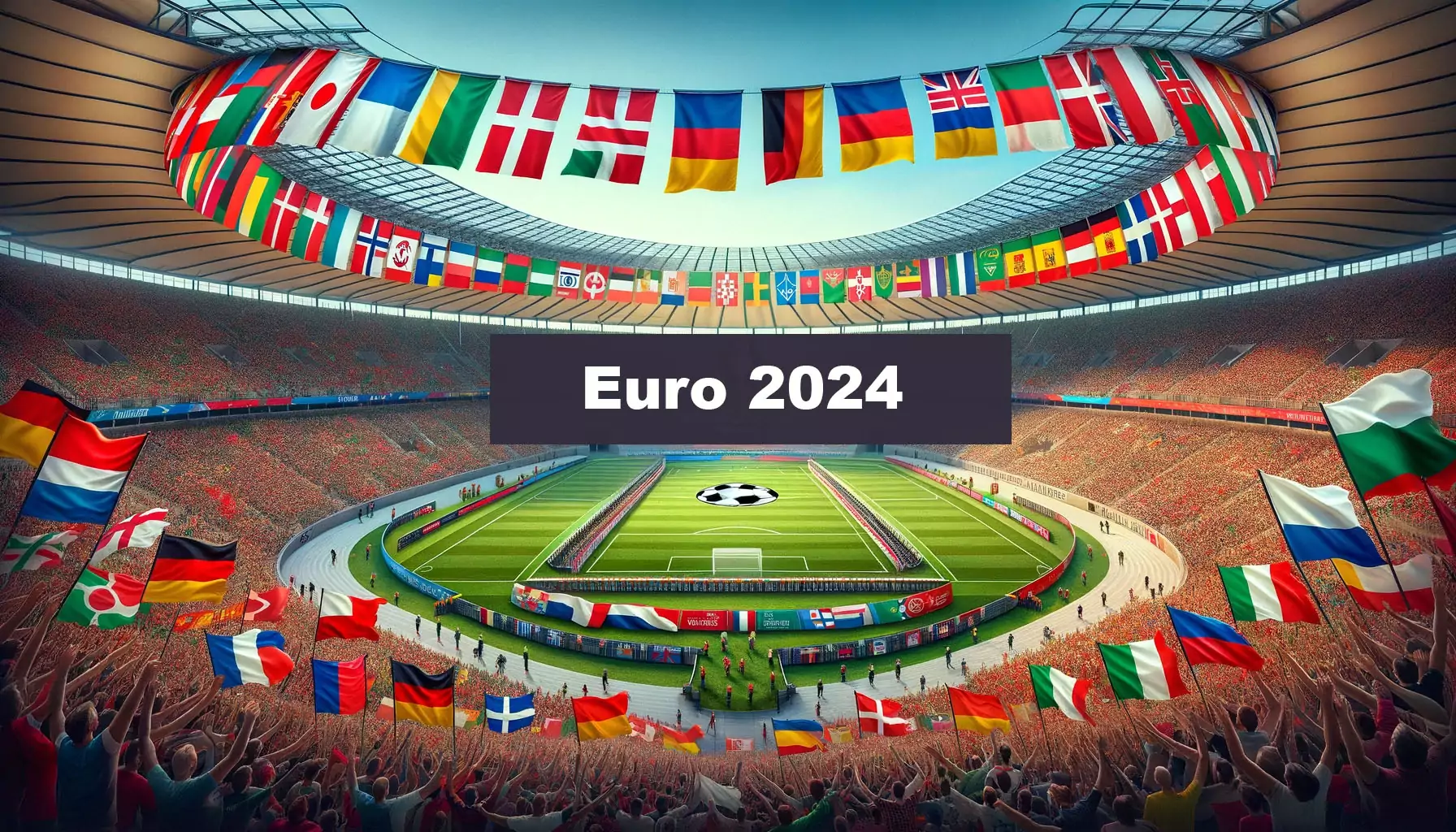 vibrant image of the Olympiastadion Berlin, all decked out with the flags for the Euro 2024 international teams