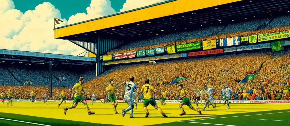 Image of the high-stakes play-off match between Norwich City and Leeds United at Carrow Road, capturing the intensity and excitement of the game.
