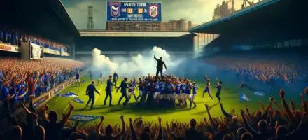 image that illustrates Ipswich Town's triumphant return to the Premier League, capturing the excitement and atmosphere of the historic event.